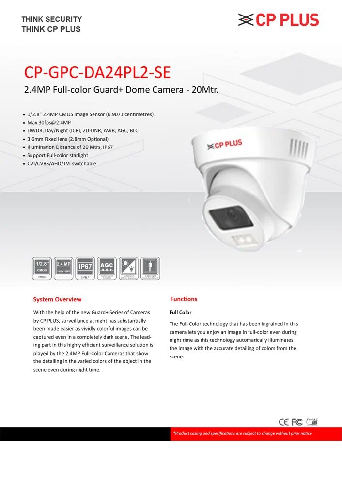 [IC6516] FHD 2.4MP Dome Guard+ Cpplus GPC DA24PL2-SE-0360